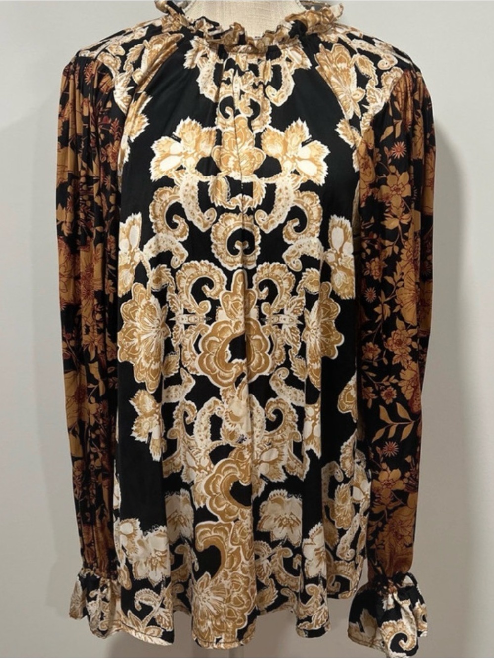 Free People Black & Gold Damask Floral Long Sleeve Blouse with Tie Back
